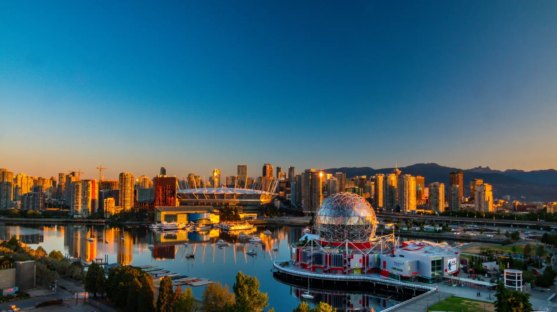 Vancouver skyline and False Creek at sunset